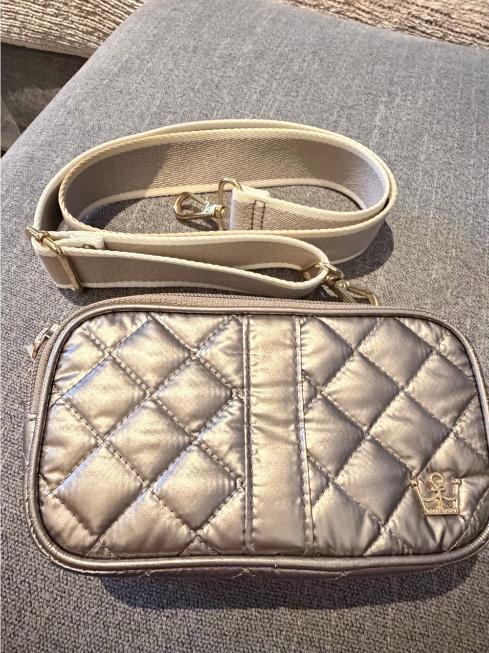 Oliver Thomas Metallic Quilted Crossbody Bag RFID Pewter Gold Hardware